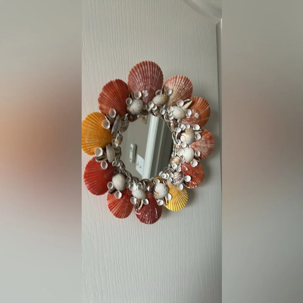 Floral  Peach & Coral Small Shell Round Mirror